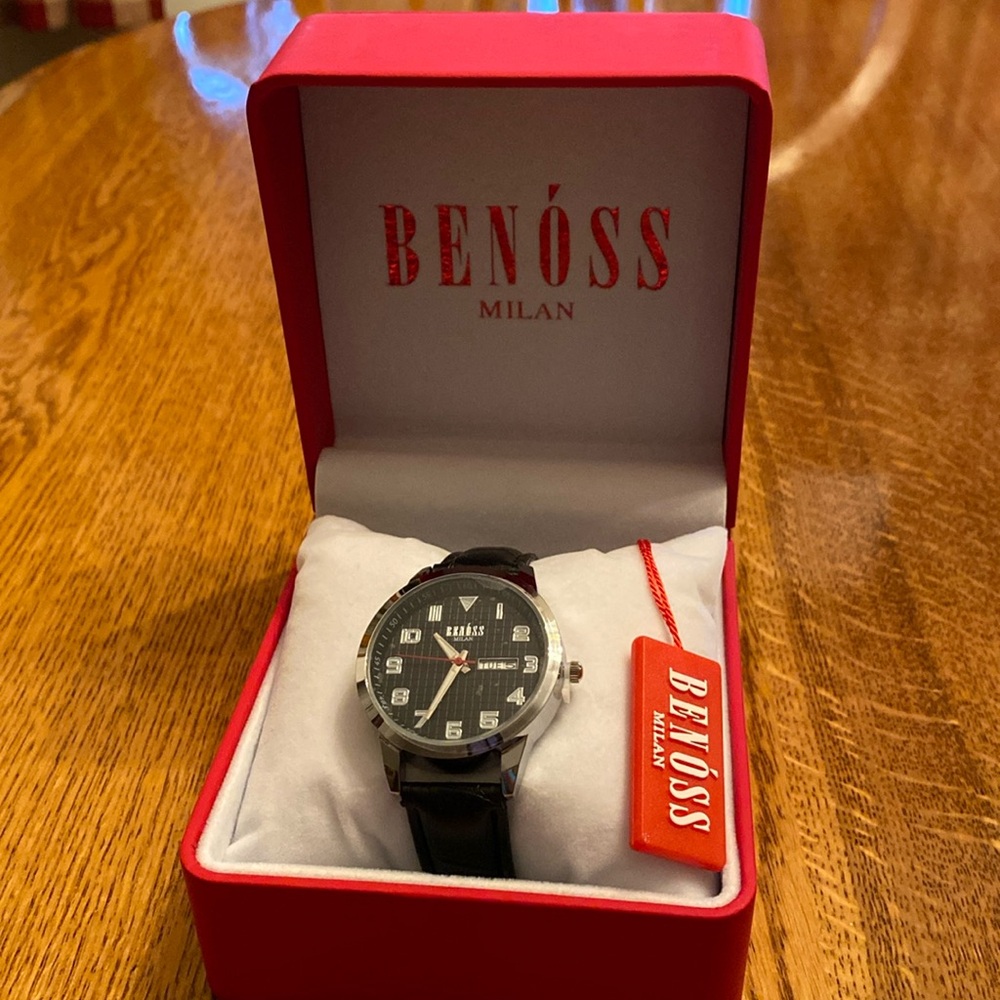 Benoss Milan watch, black leather band, stainless steel. #13091